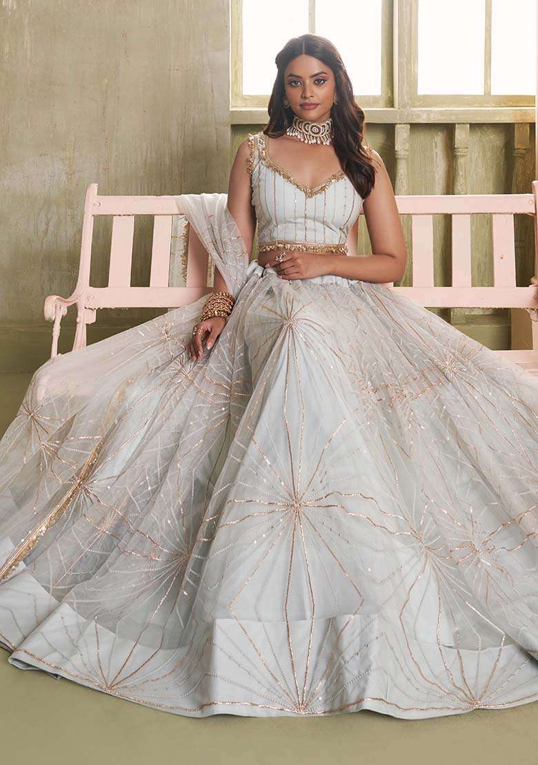 Light Grey Butterfly Net Lehenga Set with Embroidered for Diwali | Wedding & Festive Wear - Indya