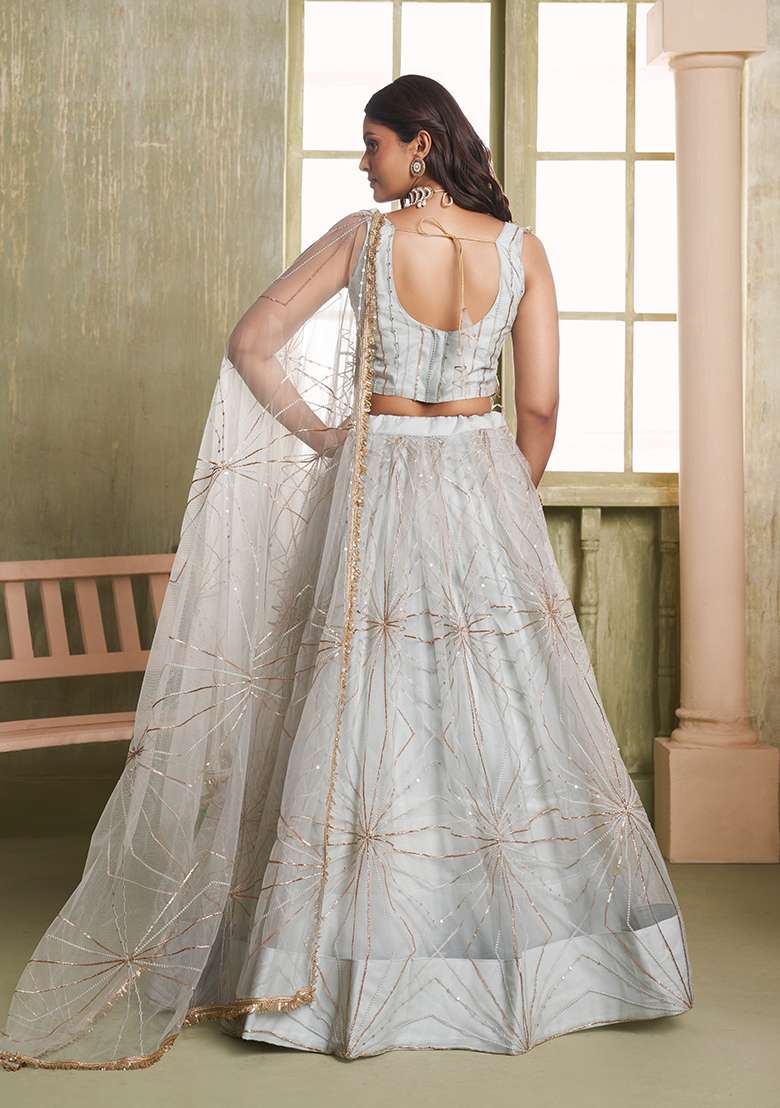 Light Grey Butterfly Net Lehenga Set with Embroidered for Diwali | Wedding & Festive Wear - Indya
