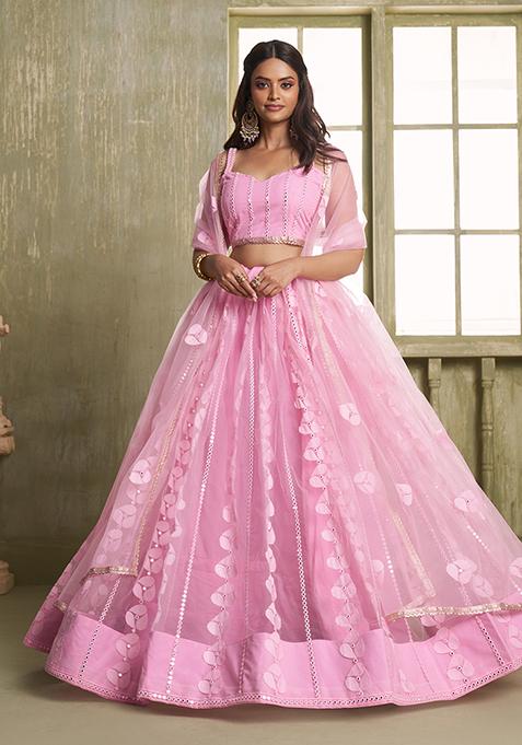 Pink Embroidered Butterfly Net Lehenga Set