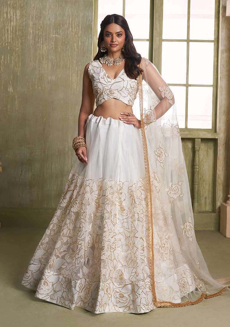 Off White Butterfly Net Lehenga Set with Embroidered for Diwali | Wedding & Festive Wear - Indya