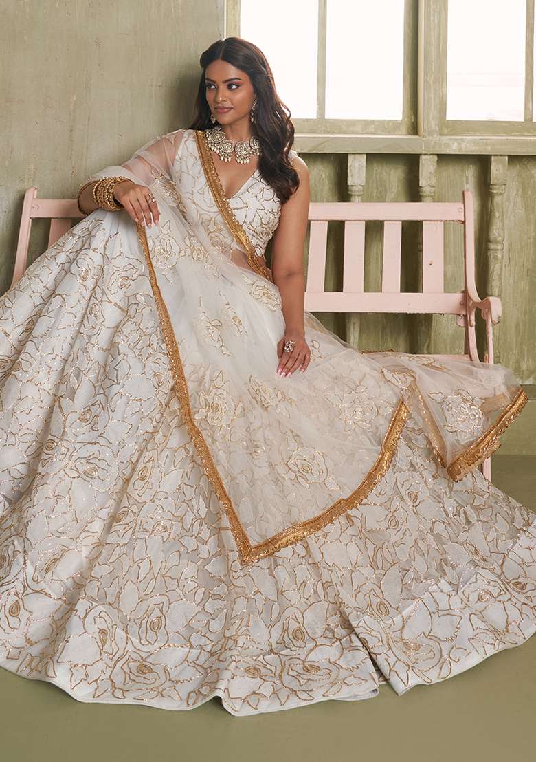 Off White Butterfly Net Lehenga Set with Embroidered for Diwali | Wedding & Festive Wear - Indya