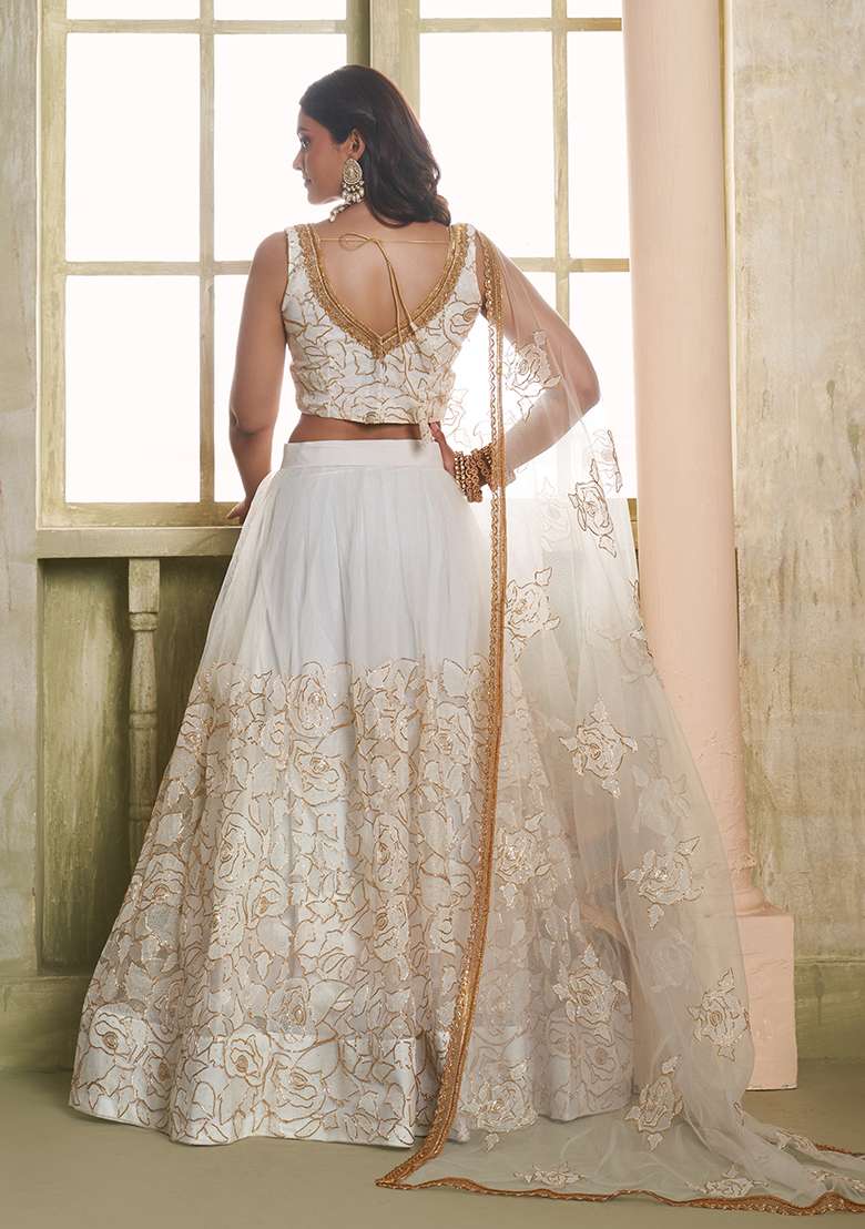 Off White Butterfly Net Lehenga Set with Embroidered for Diwali | Wedding & Festive Wear - Indya