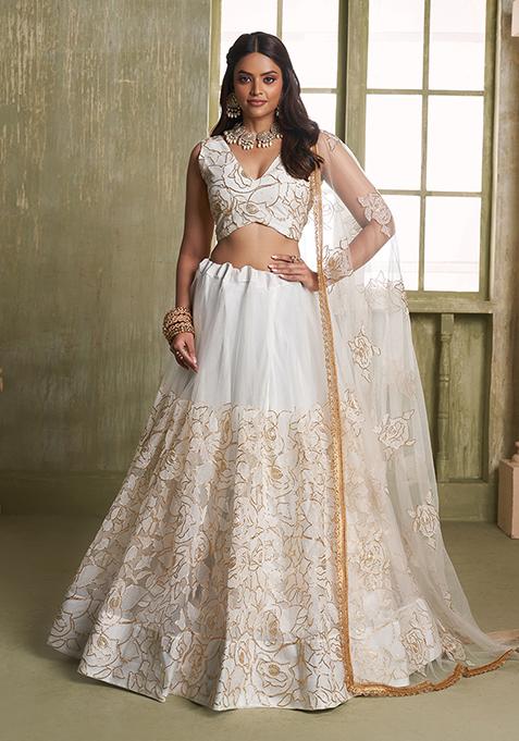 Off White Embroidered Butterfly Net Lehenga Set