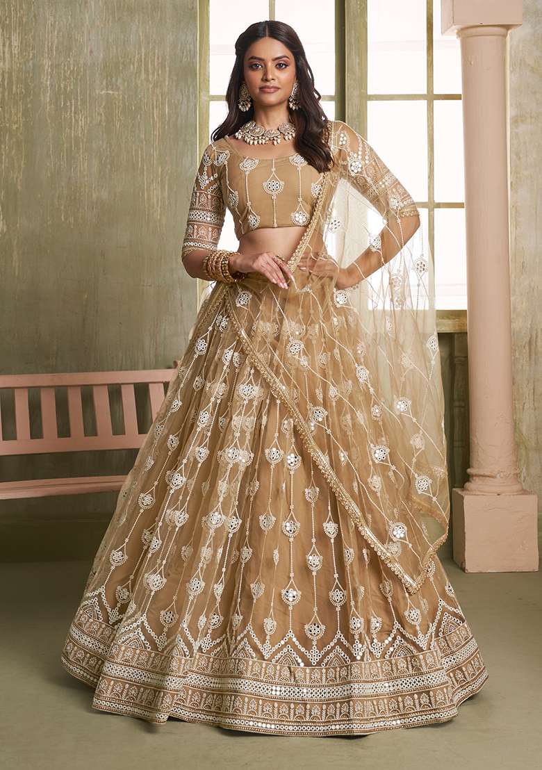Chiku Brown Butterfly Net Lehenga Set with Embroidered for Diwali | Wedding & Festive Wear - Indya