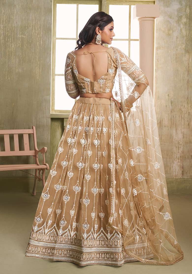 Chiku Brown Butterfly Net Lehenga Set with Embroidered for Diwali | Wedding & Festive Wear - Indya