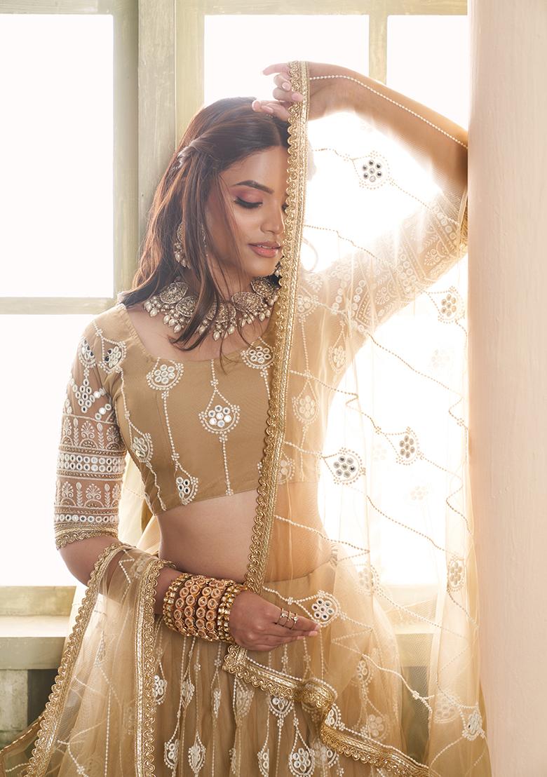 Chiku Brown Embroidered Butterfly Net Lehenga Set - Indya