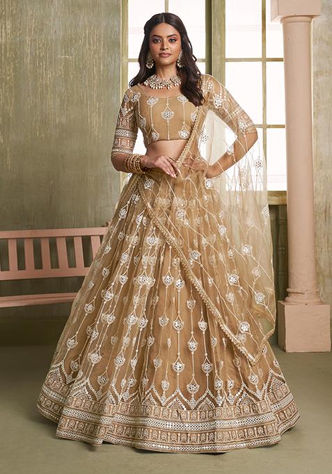 Chiku Brown Embroidered Butterfly Net Lehenga Set