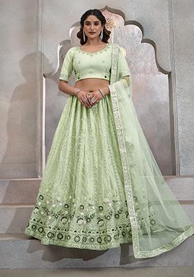 Mint Green Embroidered Butterfly Net Lehenga Set