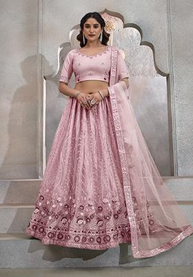 Dark Peach Embroidered Butterfly Net Lehenga Set