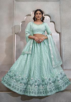 Turquoise Blue Embroidered Butterfly Net Lehenga Set