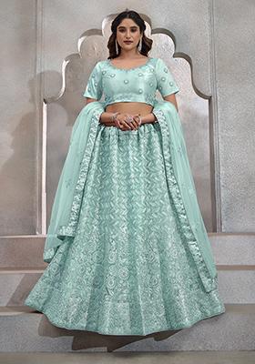 Turquoise Blue Embroidered Butterfly Net Lehenga Set