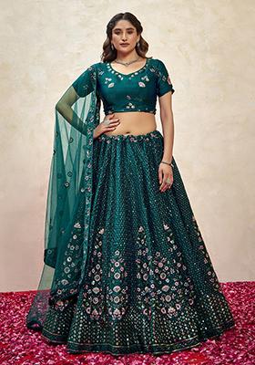 Teal Green Embroidered Fendy Silk  Lehenga Set