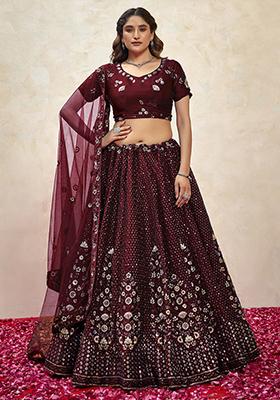 Maroon Embroidered Fendy Silk  Lehenga Set