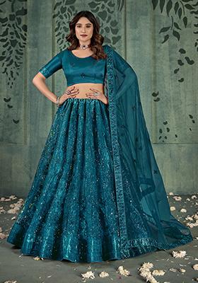 Teal Blue Embroidered Butterfly Net Lehenga Set