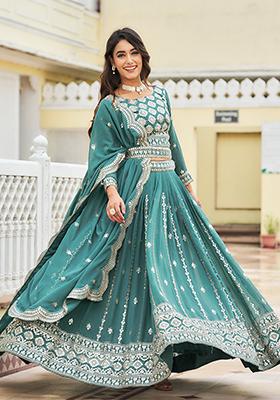 Teal Green Embroidered Georgette  Lehenga Set
