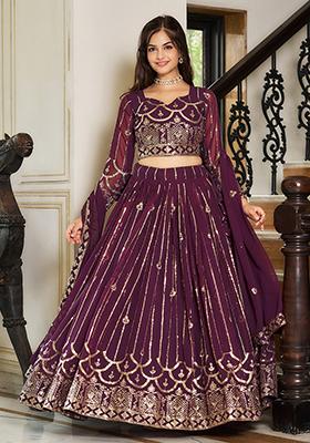 Wine Embroidered Georgette  Lehenga Set