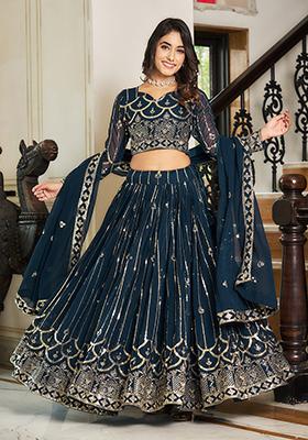 Rama Green Embroidered Georgette  Lehenga Set