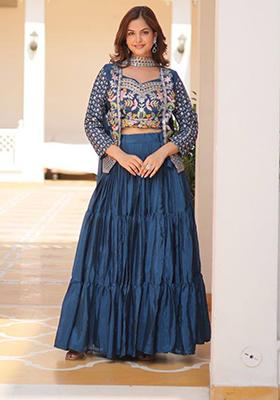 Teal Blue Embroidered Chinnon Lehenga Set