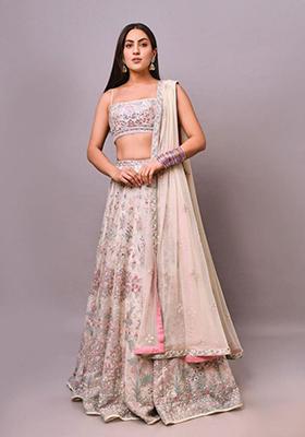 Off White Embroidered Georgette  Lehenga Set