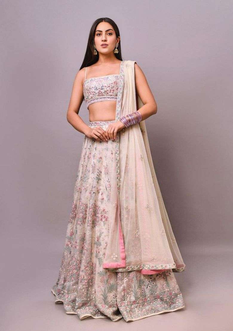Off White Embroidered Georgette Lehenga Set for Diwali and Festive Wear - Indya