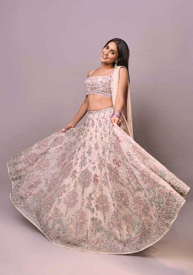 Off White Embroidered Georgette Lehenga Set for Diwali and Festive Wear - Indya