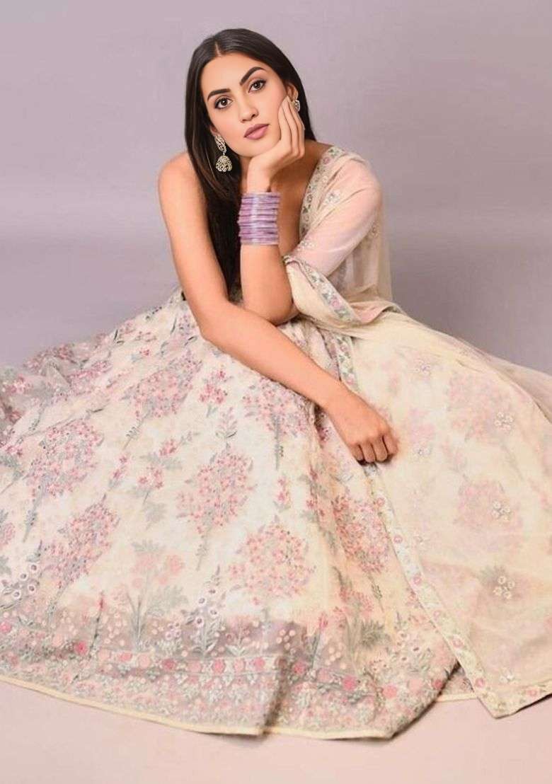 Off White Embroidered Georgette Lehenga Set for Diwali and Festive Wear - Indya