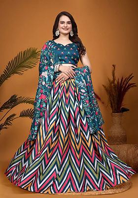 Teal Blue Embroidered Crepe Silk Lehenga Set