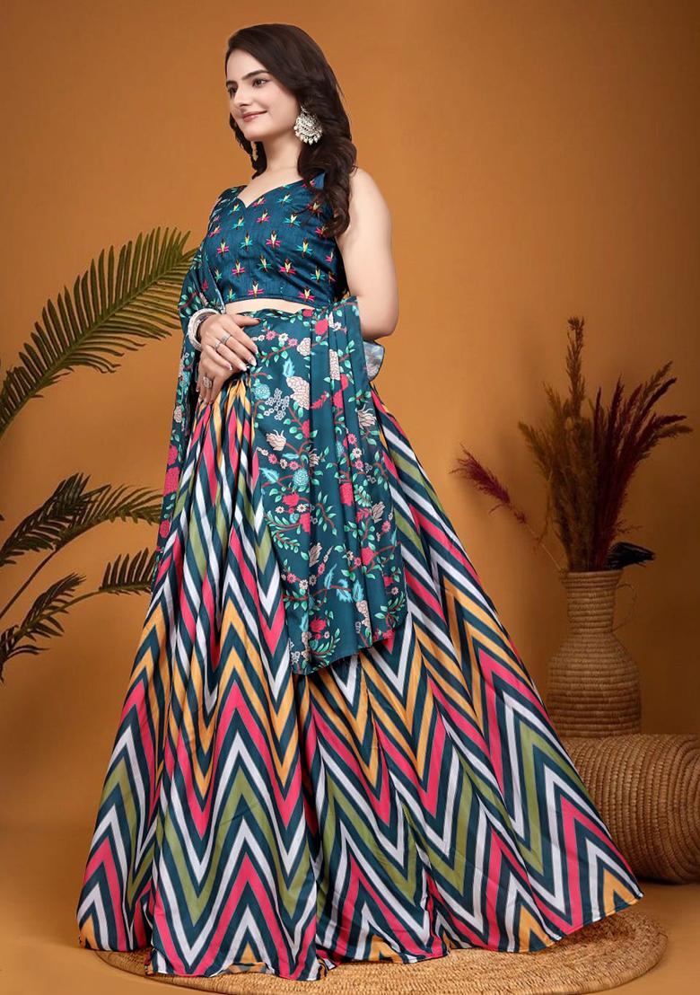 Teal Blue Embroidered Crepe Silk Lehenga Set