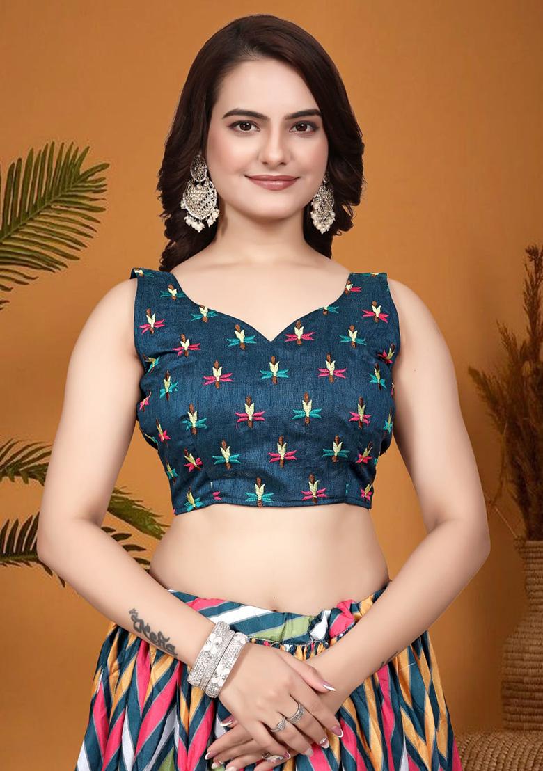 Teal Blue Embroidered Crepe Silk Lehenga Set