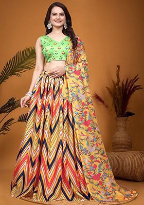 Mustard Yellow Embroidered Crepe Silk Lehenga Set