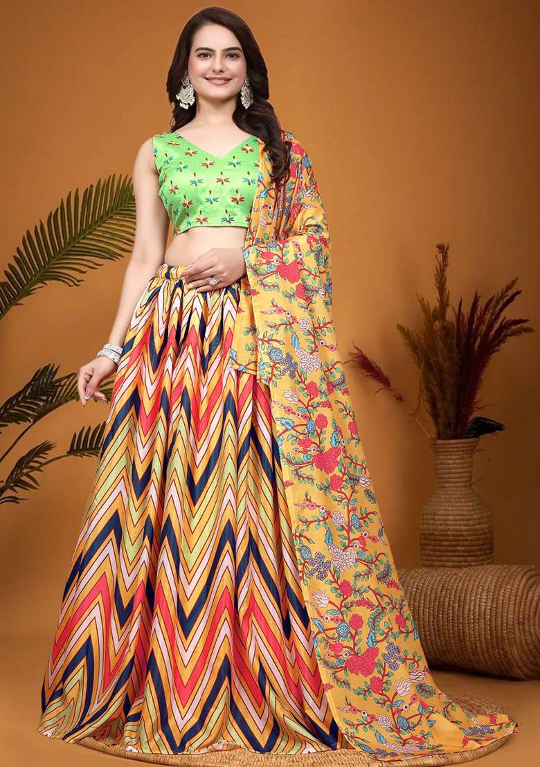 Mustard Yellow Blend Crepe Silk Lehenga Set with Embroidered for Diwali | Wedding & Festive Wear - Indya