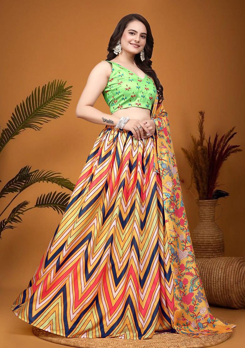 Mustard Yellow Embroidered Crepe Silk Lehenga Set