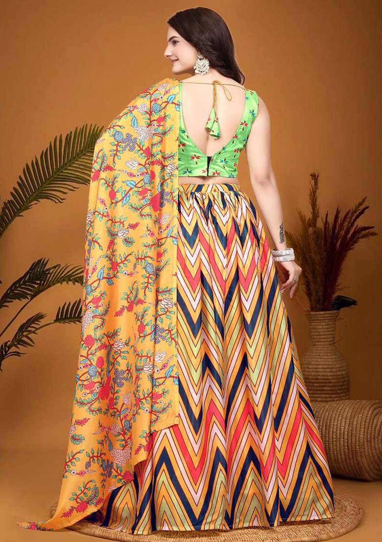 Mustard Yellow Blend Crepe Silk Lehenga Set with Embroidered for Diwali | Wedding & Festive Wear - Indya