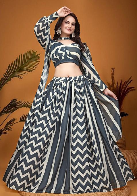 Black & White Embroidered Crepe Silk Lehenga Set