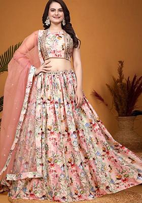 Peach Embroidered Crepe Silk Lehenga Set