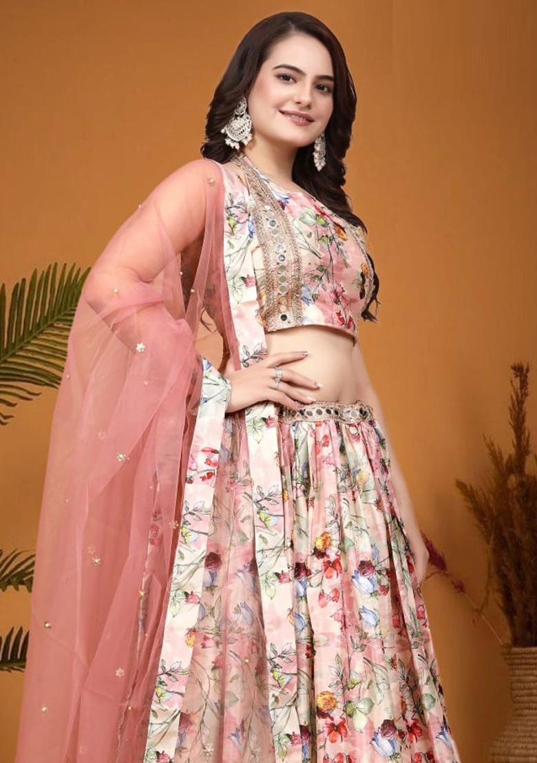 Peach Embroidered Crepe Silk Lehenga Set