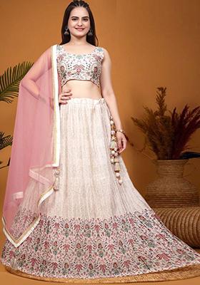 Peach Embroidered Crepe Silk Lehenga Set