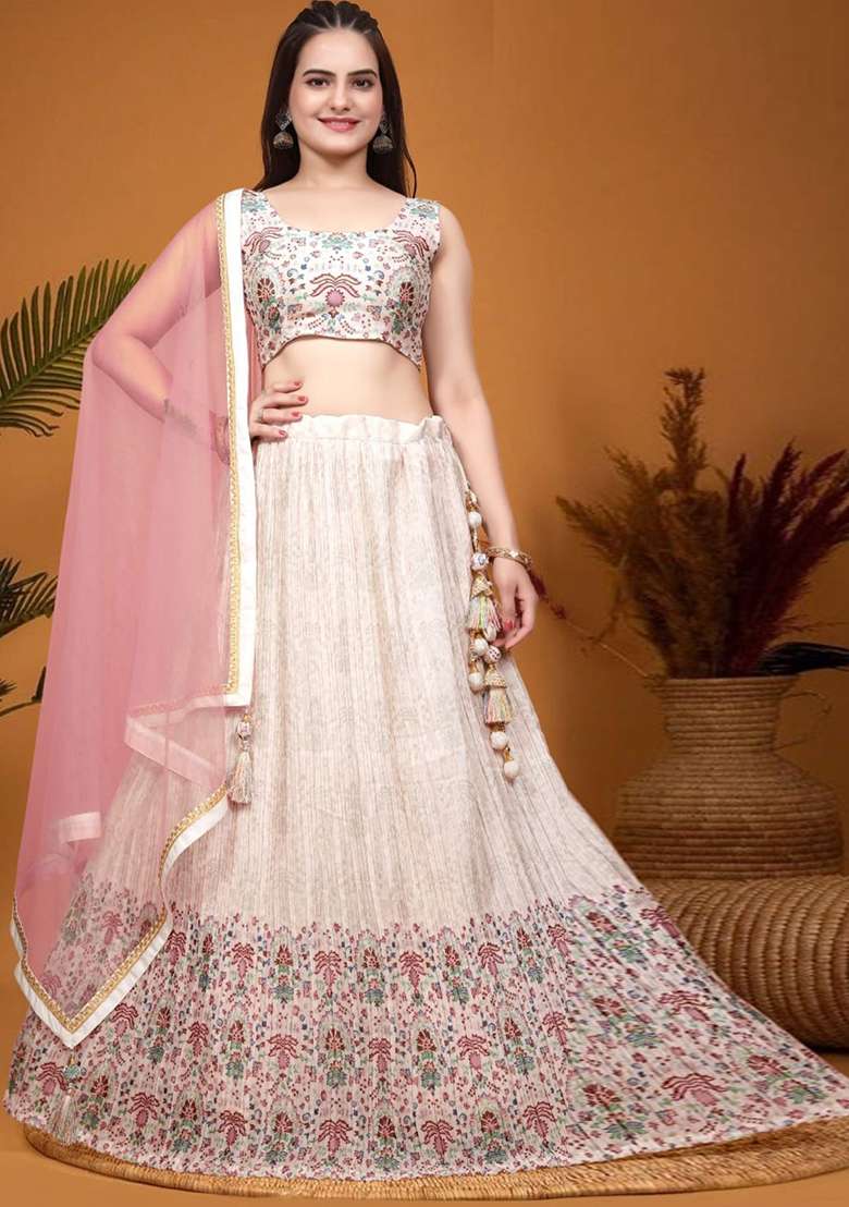 Peach Embroidered Crepe Silk Blend Lehenga Set for Diwali and Festive Wear - Indya