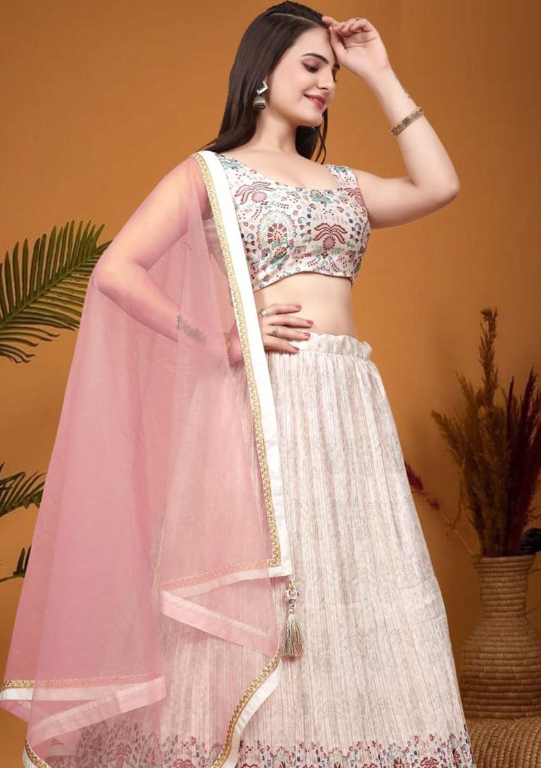 Peach Embroidered Crepe Silk Lehenga Set