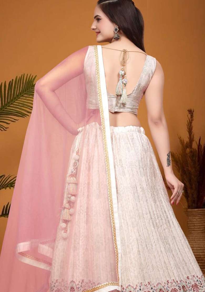 Peach Embroidered Crepe Silk Blend Lehenga Set for Diwali and Festive Wear - Indya