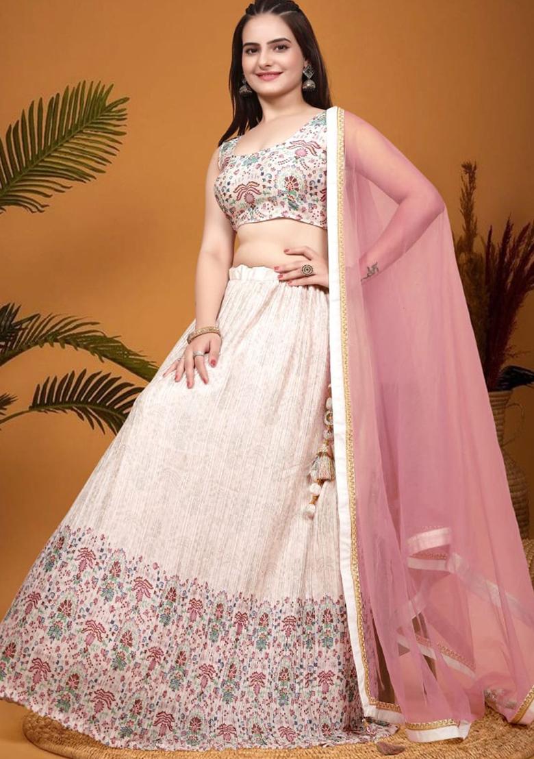 Peach Embroidered Crepe Silk Lehenga Set