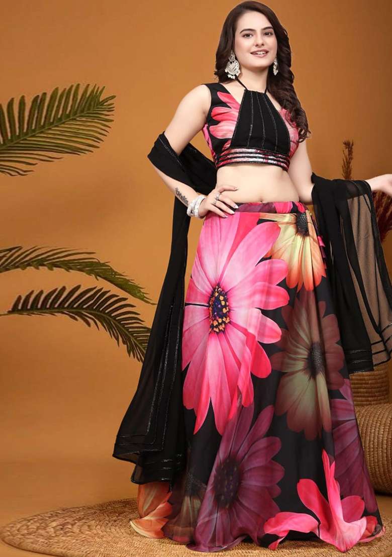 Black Blend Crepe Silk Lehenga Set with Embroidered for Diwali | Wedding & Festive Wear - Indya