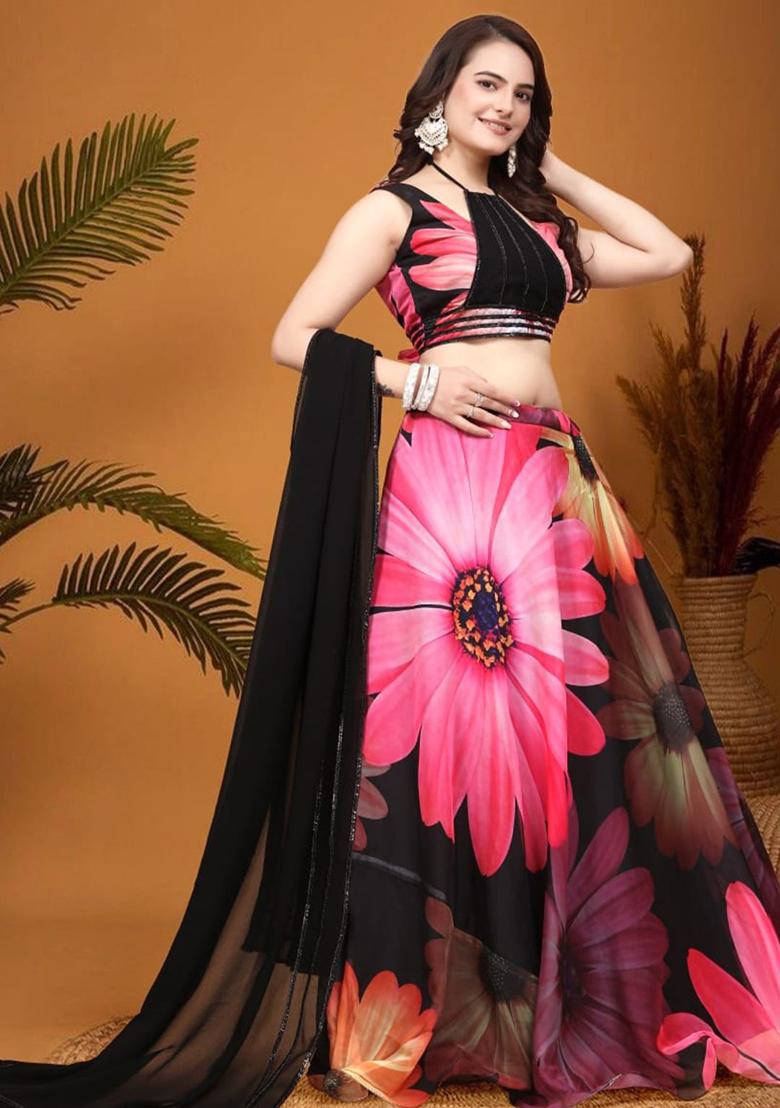 Black Embroidered Crepe Silk Lehenga Set