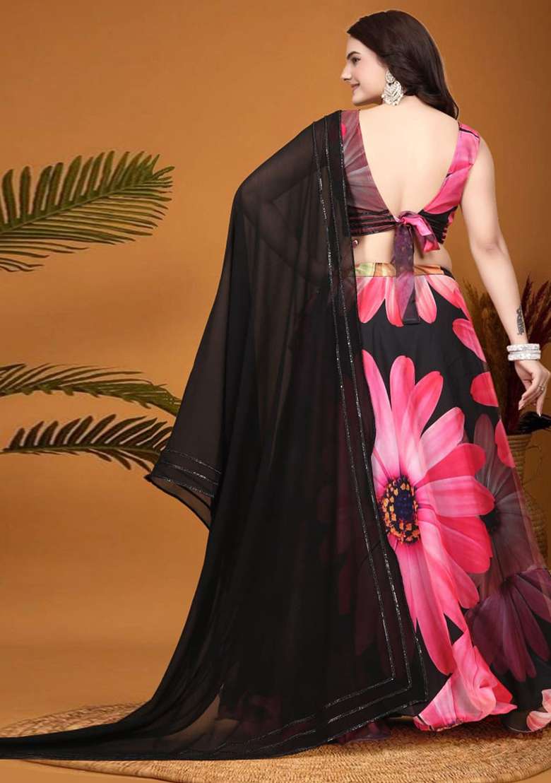 Black Blend Crepe Silk Lehenga Set with Embroidered for Diwali | Wedding & Festive Wear - Indya