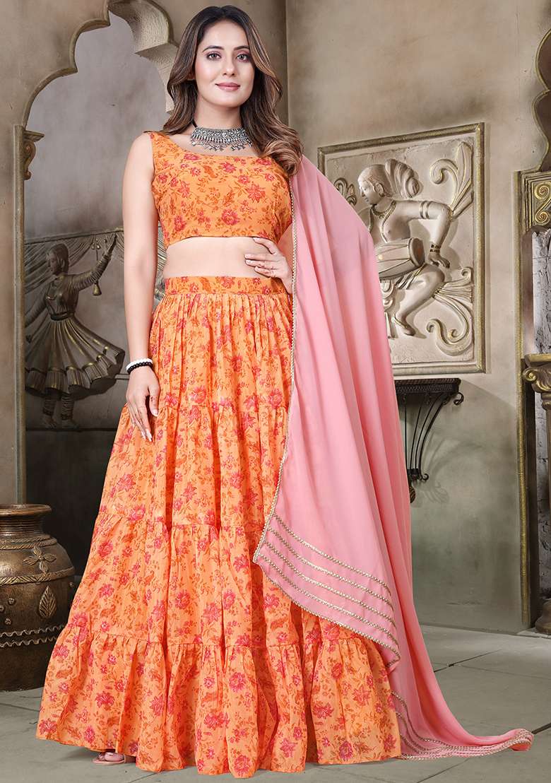 Mustard Yellow Embroidered Organza Lehenga Set for Diwali and Festive Wear - Indya