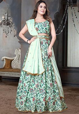 Pista Green Embroidered Georgette Lehenga Set