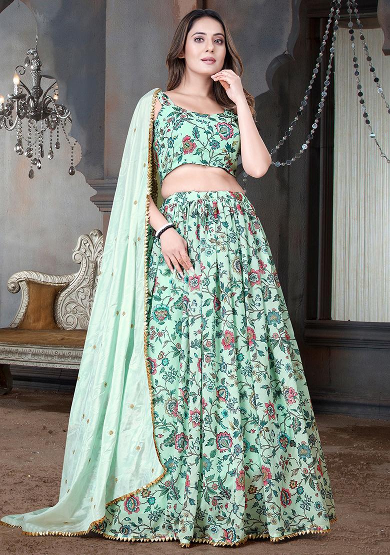 Pista Green Embroidered Georgette Lehenga Set