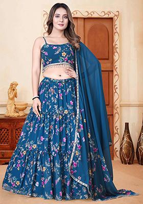 Teal Blue Embroidered Georgette Lehenga Set