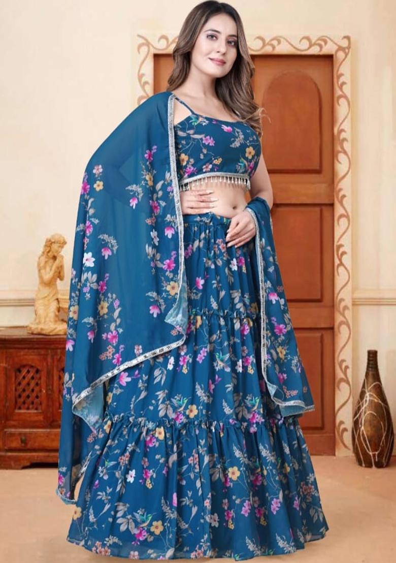 Teal Blue Embroidered Georgette Lehenga Set
