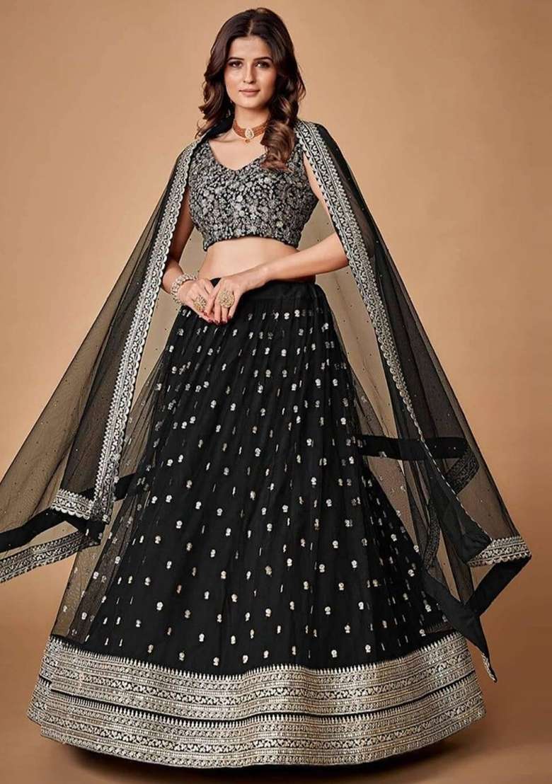 Black Embroidered Net Lehenga Set for Diwali and Festive Wear - Indya